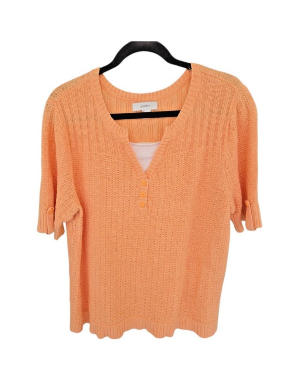 Christopher & Banks Peach Pointelle Knit Short Sleeve Henley Sweater Size XL